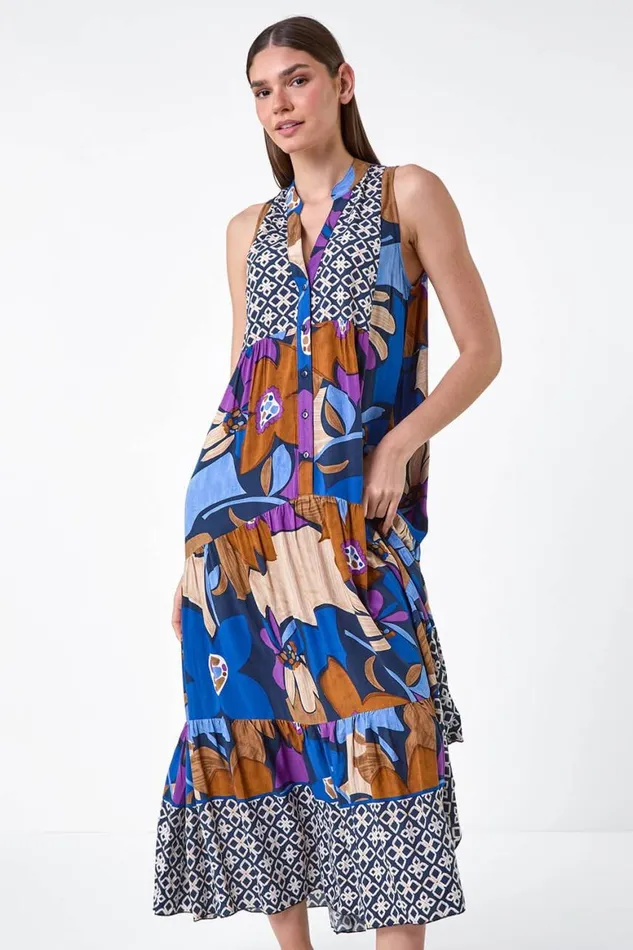 Women Blue Boho Floral Print Smock Maxi Dress Roman Dresses