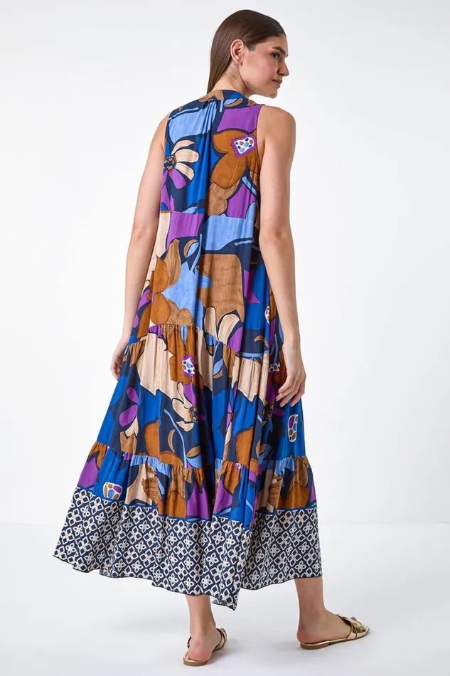 Women Blue Boho Floral Print Smock Maxi Dress Roman Dresses