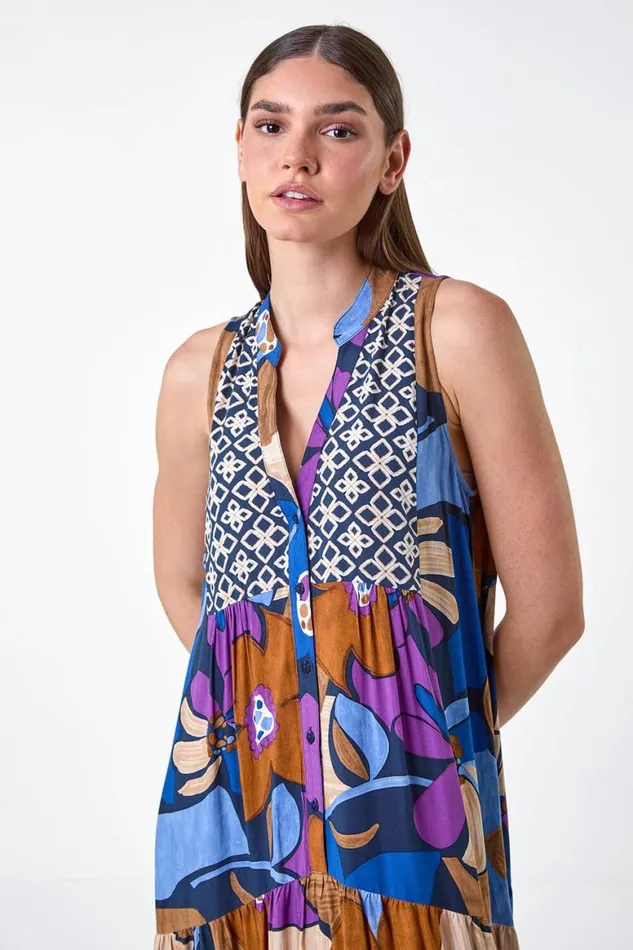 Women Blue Boho Floral Print Smock Maxi Dress Roman Dresses