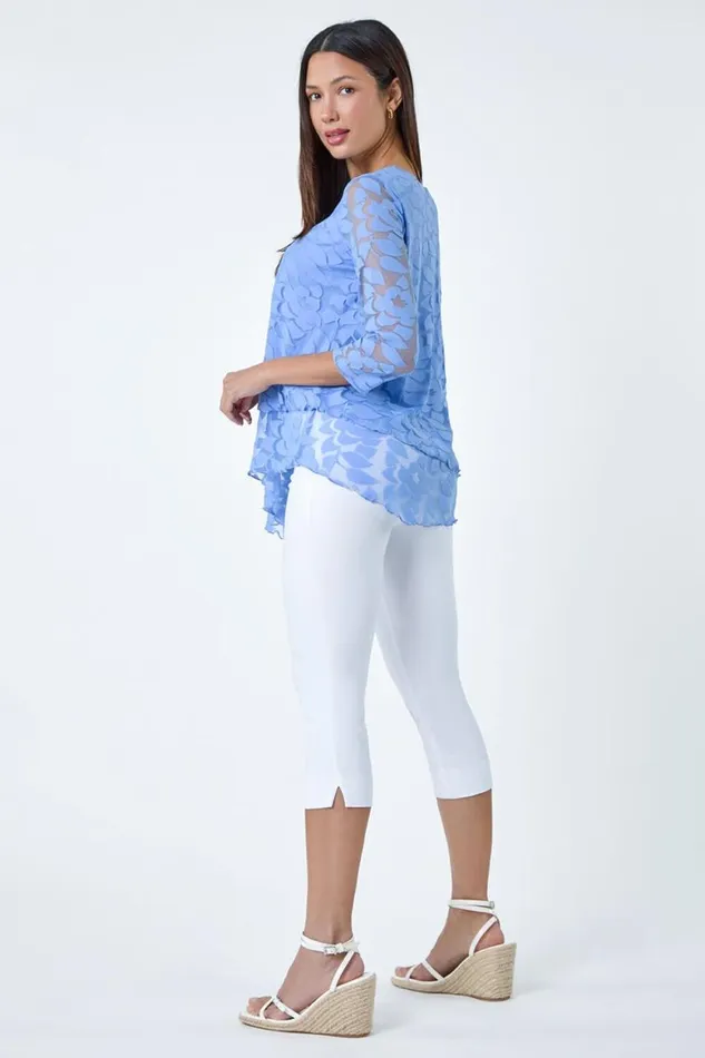 Women Blue Burnout Leaf Asymmetric Stretch Top Roman Tops