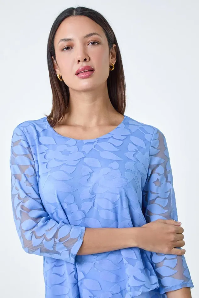 Women Blue Burnout Leaf Asymmetric Stretch Top Roman Tops