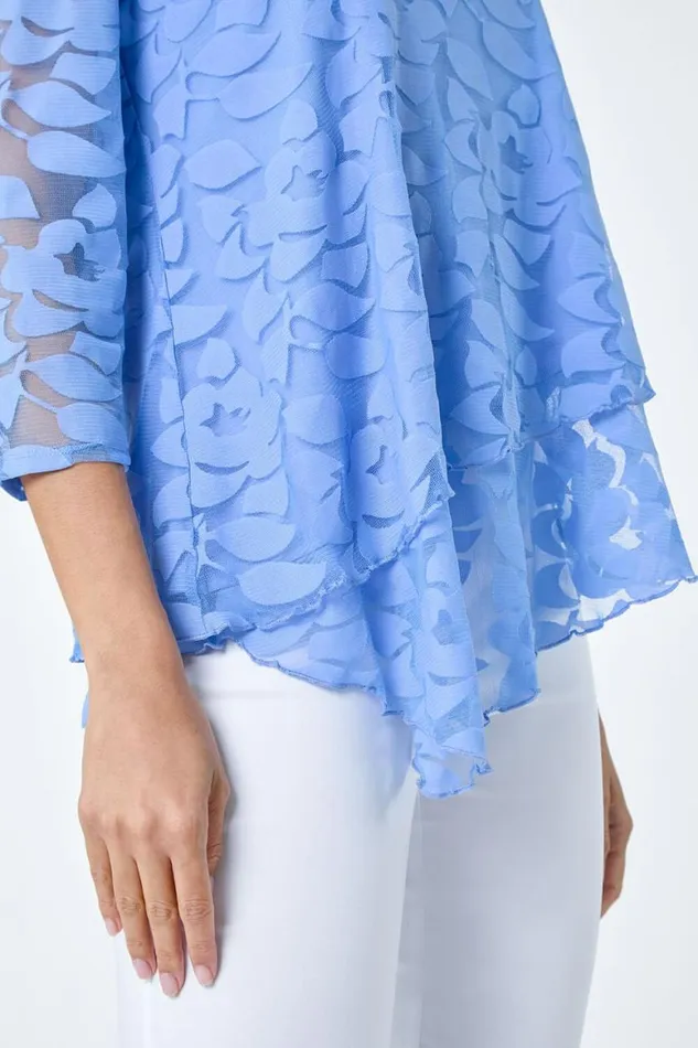 Women Blue Burnout Leaf Asymmetric Stretch Top Roman Tops