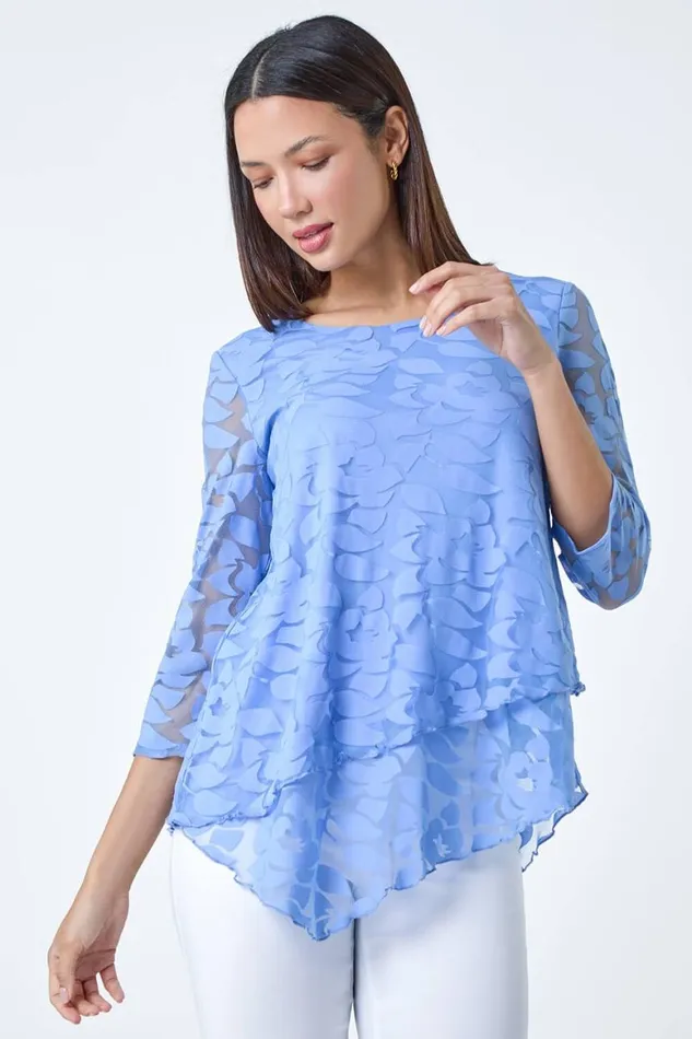 Women Blue Burnout Leaf Asymmetric Stretch Top Roman Tops