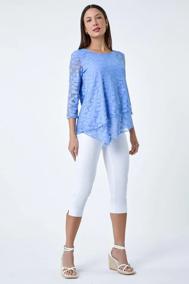 Women Blue Burnout Leaf Asymmetric Stretch Top Roman Tops