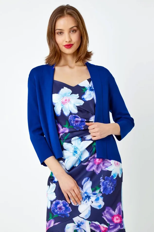 Women Blue Cropped Knitted Shrug Roman Knitwear