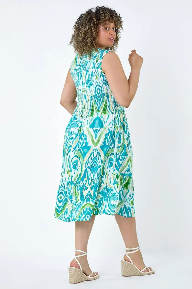 Women Blue Curve Aztec Shirred Bust Midi Dress Roman Dresses