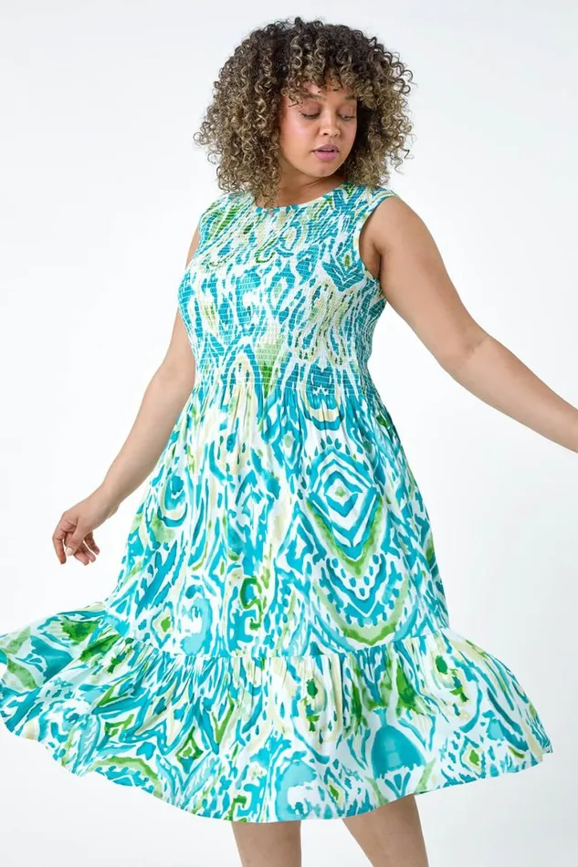Women Blue Curve Aztec Shirred Bust Midi Dress Roman Dresses