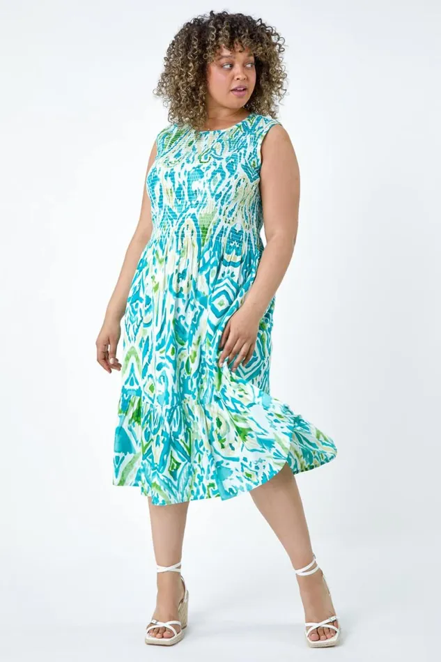 Women Blue Curve Aztec Shirred Bust Midi Dress Roman Dresses