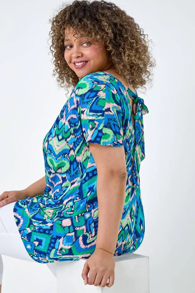 Women Blue Curve Aztec Tie Back VNeck Stretch Top Roman Tops