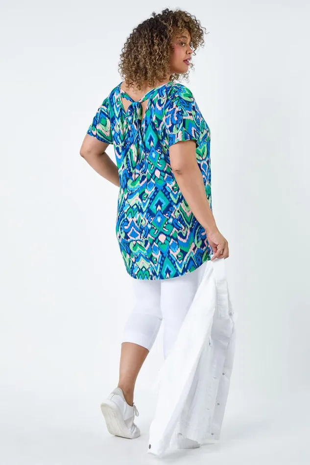 Women Blue Curve Aztec Tie Back VNeck Stretch Top Roman Tops
