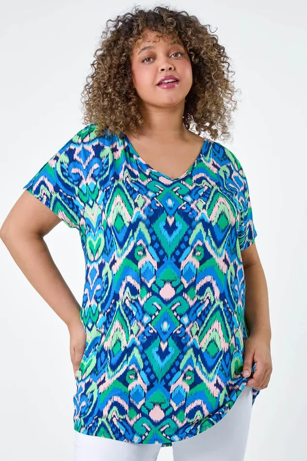 Women Blue Curve Aztec Tie Back VNeck Stretch Top Roman Tops
