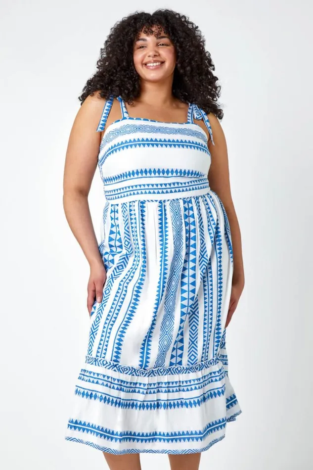 Women Blue Curve Embroidered Cotton Blend Stretch Dress Roman Dresses