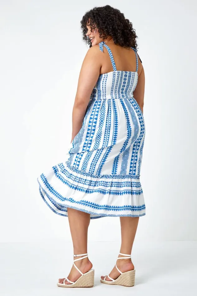 Women Blue Curve Embroidered Cotton Blend Stretch Dress Roman Dresses