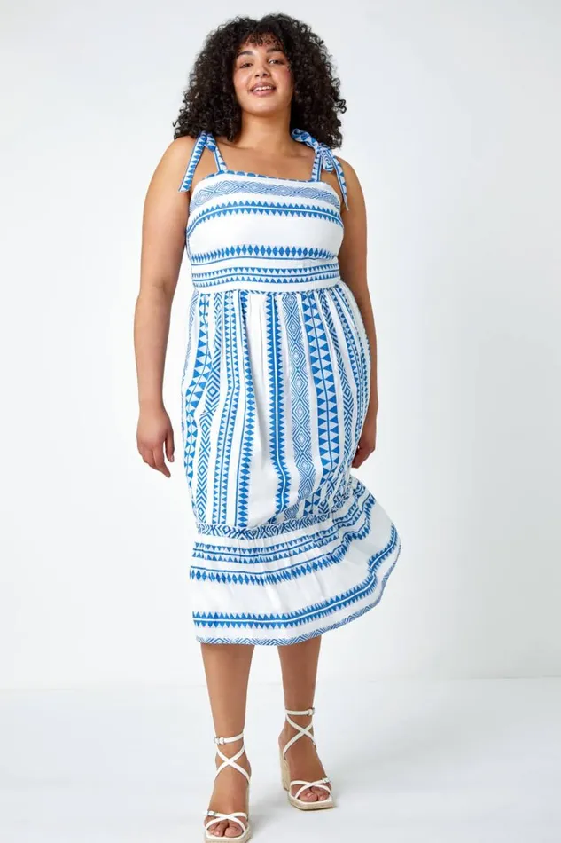 Women Blue Curve Embroidered Cotton Blend Stretch Dress Roman Dresses