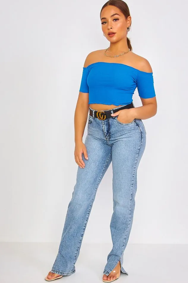 Women Blue Cutout Crop Top With Bardot Collar Blue Brentiny Paris Top And Tank Tops