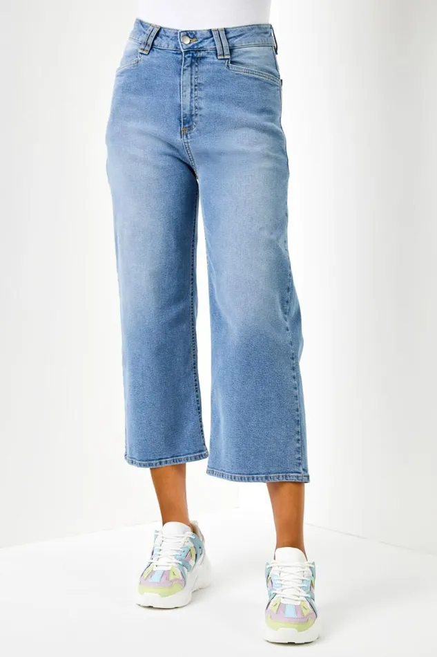 Women Blue Denim Stretch Wide Leg Cropped Culottes Roman Trousers
