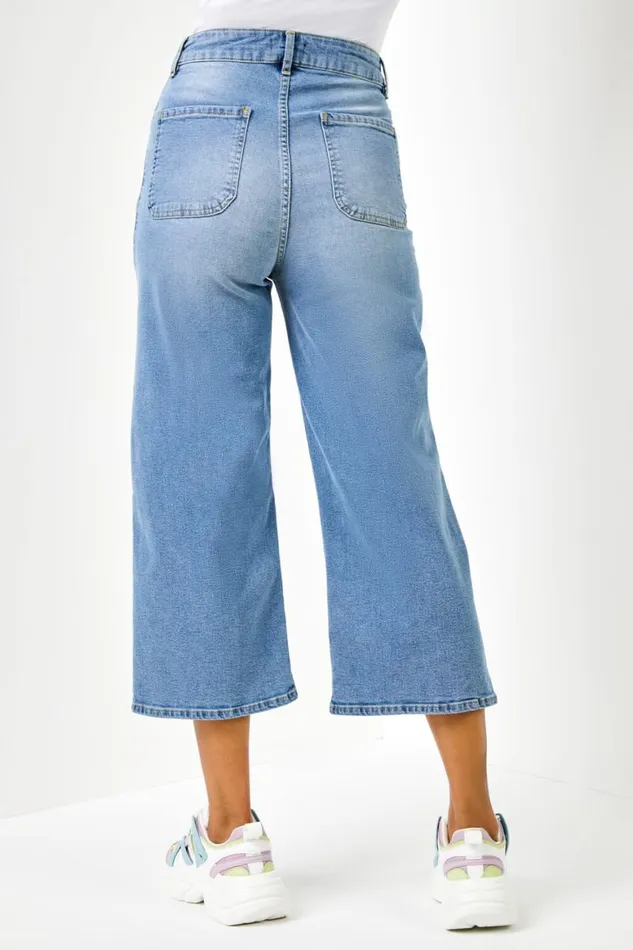 Women Blue Denim Stretch Wide Leg Cropped Culottes Roman Trousers