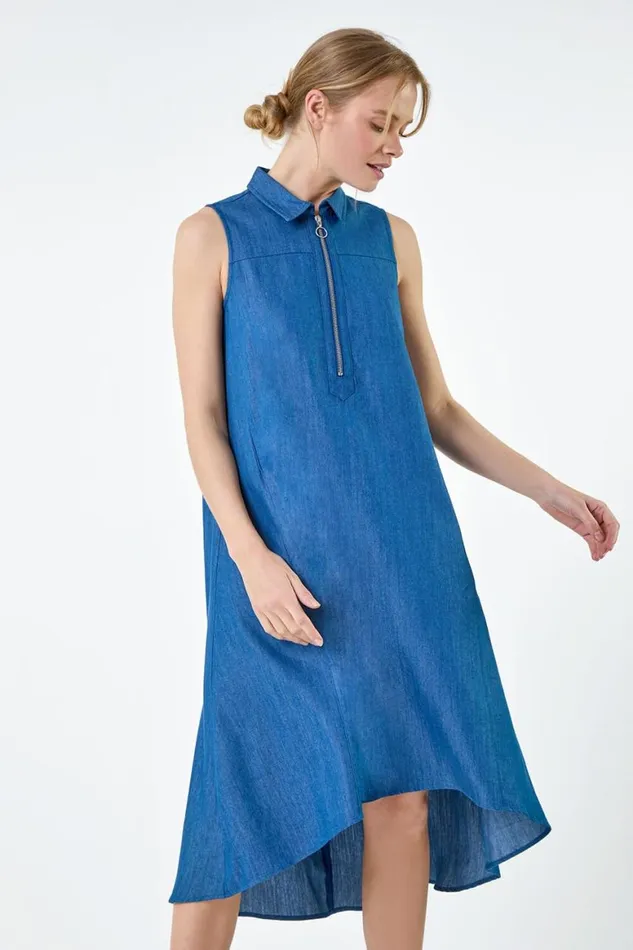 Women Blue Denim Zip Detail Dipped Hem Midi Dress Roman Dresses
