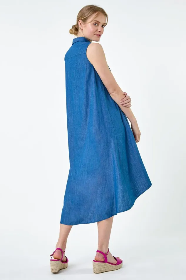 Women Blue Denim Zip Detail Dipped Hem Midi Dress Roman Dresses