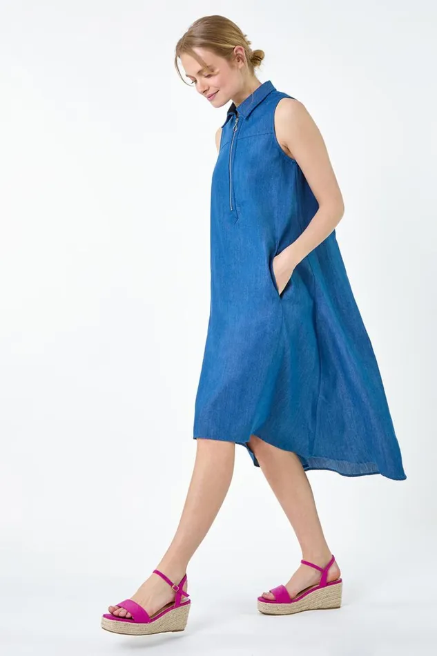 Women Blue Denim Zip Detail Dipped Hem Midi Dress Roman Dresses