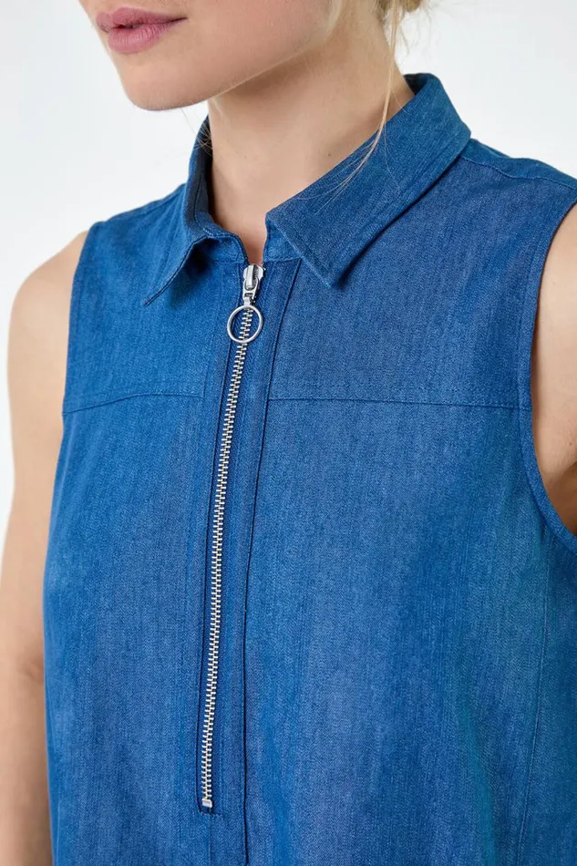 Women Blue Denim Zip Detail Dipped Hem Midi Dress Roman Dresses