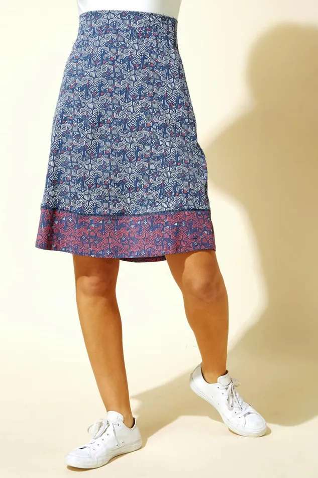 Women Blue Elastic Waist Mosaic Print A Line Skirt Roman Skirts