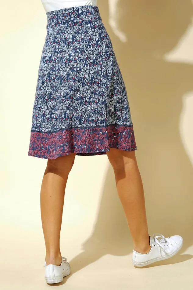 Women Blue Elastic Waist Mosaic Print A Line Skirt Roman Skirts