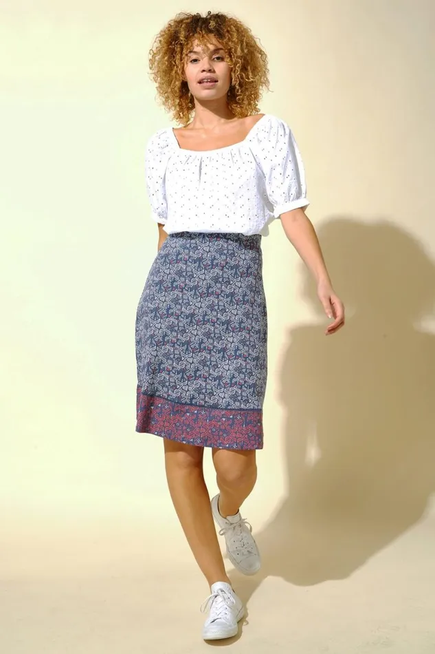Women Blue Elastic Waist Mosaic Print A Line Skirt Roman Skirts