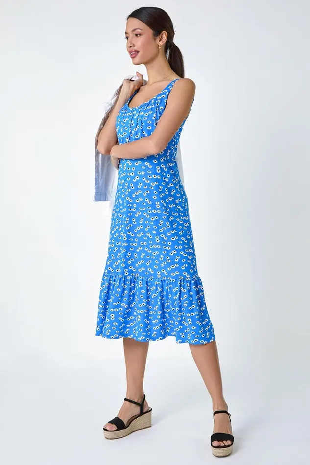 Women Blue Floral Frill Hem Stretch Midi Dress Roman Dresses
