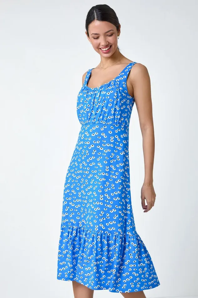 Women Blue Floral Frill Hem Stretch Midi Dress Roman Dresses