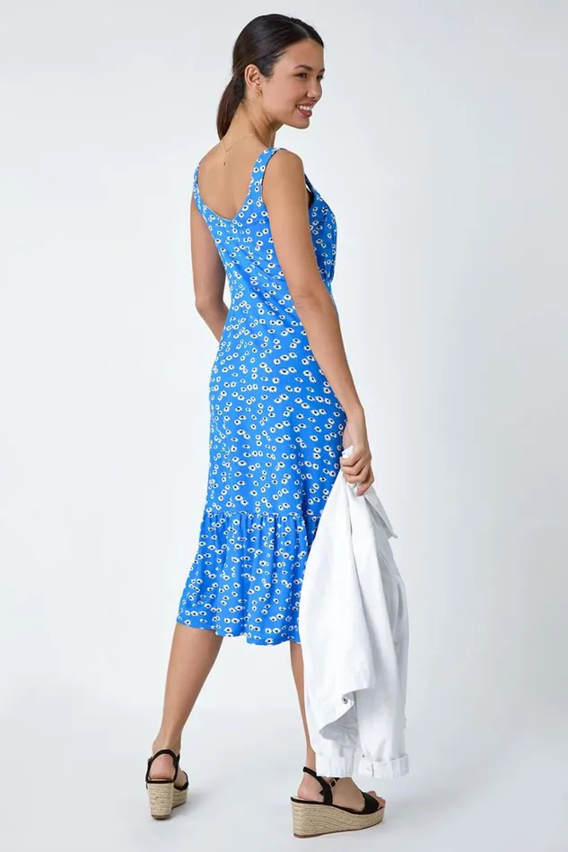 Women Blue Floral Frill Hem Stretch Midi Dress Roman Dresses