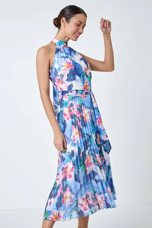 Women Blue Floral Print Pleated Chiffon Midi Dress Roman Dresses
