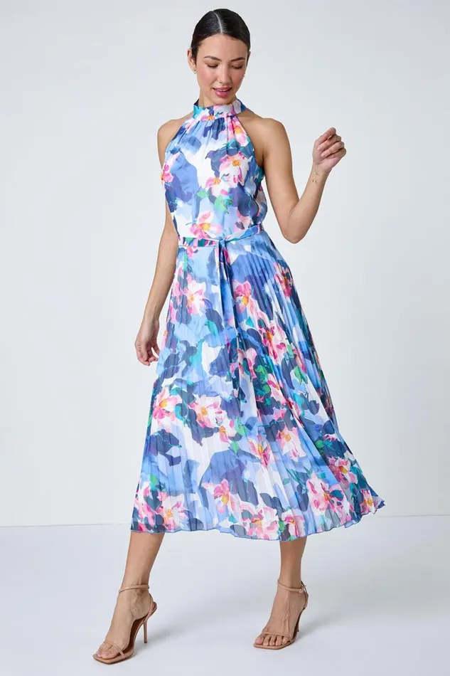 Women Blue Floral Print Pleated Chiffon Midi Dress Roman Dresses