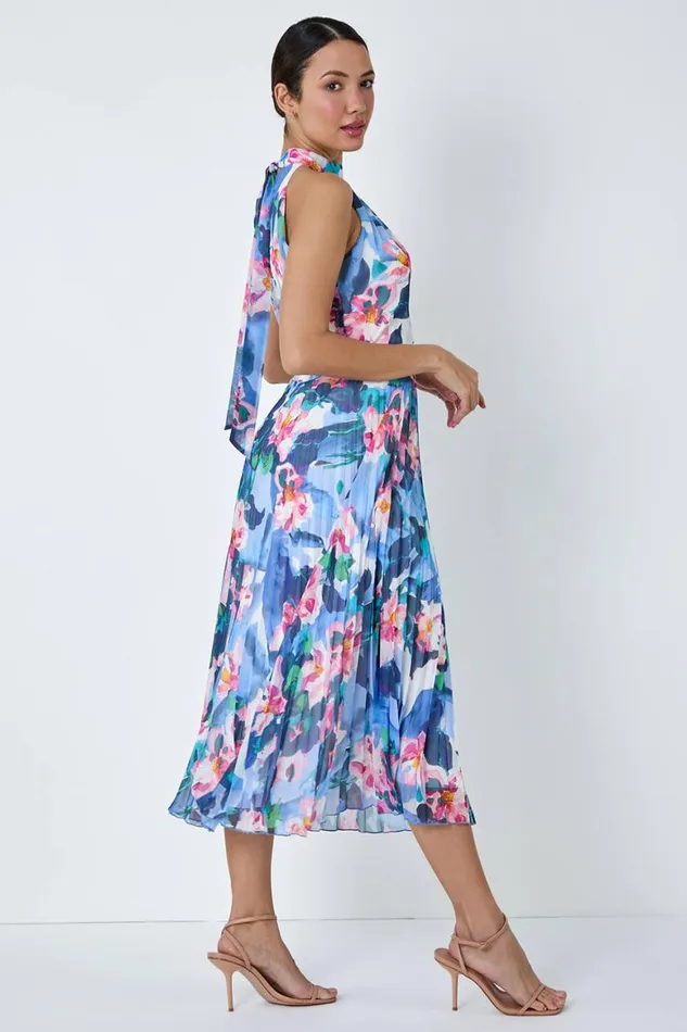 Women Blue Floral Print Pleated Chiffon Midi Dress Roman Dresses