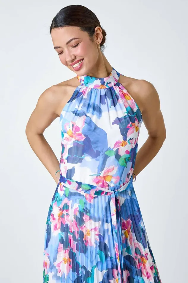 Women Blue Floral Print Pleated Chiffon Midi Dress Roman Dresses
