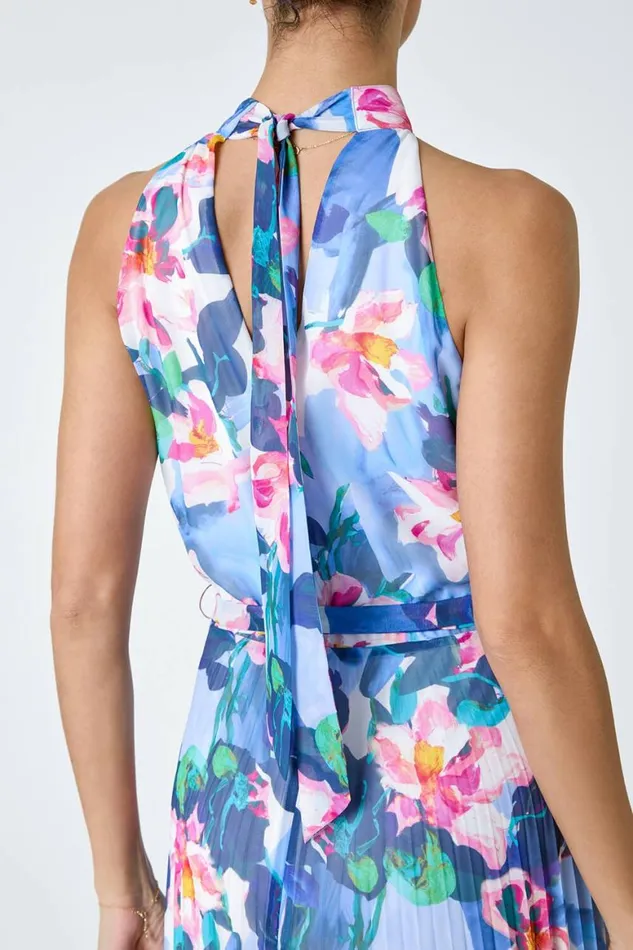Women Blue Floral Print Pleated Chiffon Midi Dress Roman Dresses