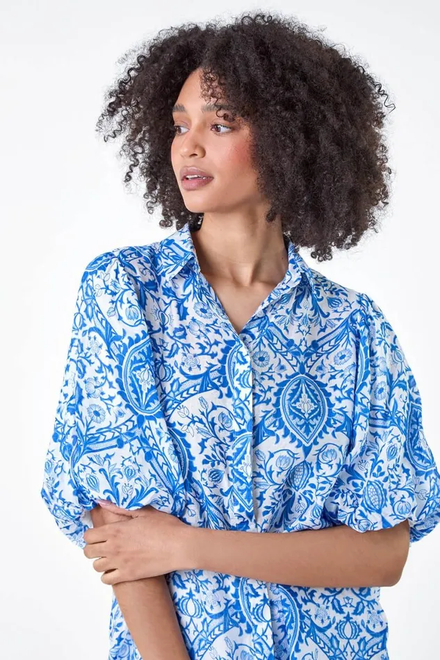 Women Blue Floral Print Puff Sleeve Shirt Roman Tops