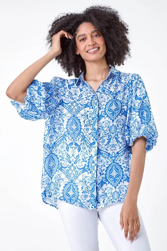 Women Blue Floral Print Puff Sleeve Shirt Roman Tops