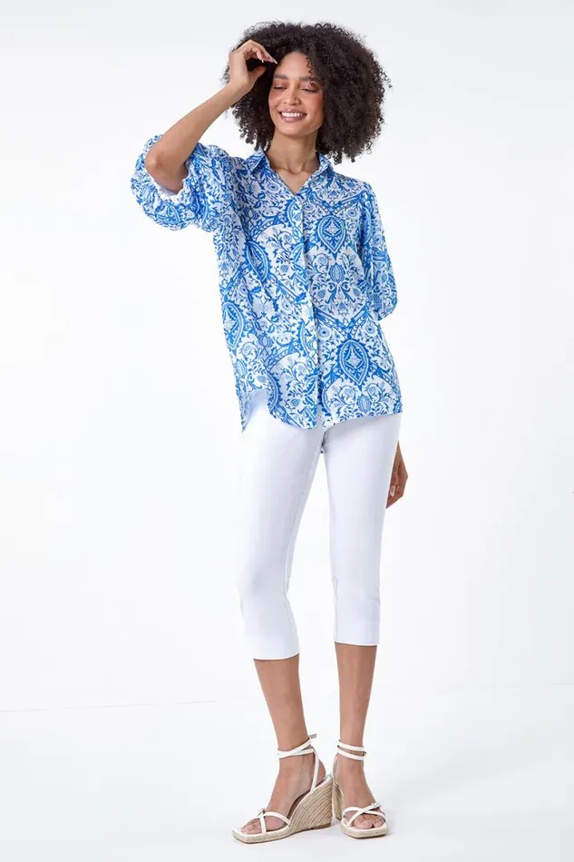 Women Blue Floral Print Puff Sleeve Shirt Roman Tops
