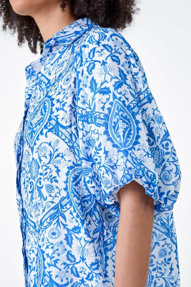 Women Blue Floral Print Puff Sleeve Shirt Roman Tops