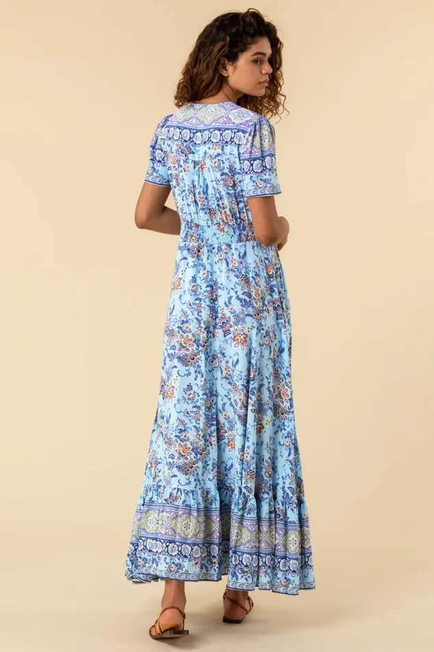 Women Blue Floral Print Shirred Waist Maxi Dress Roman Dresses