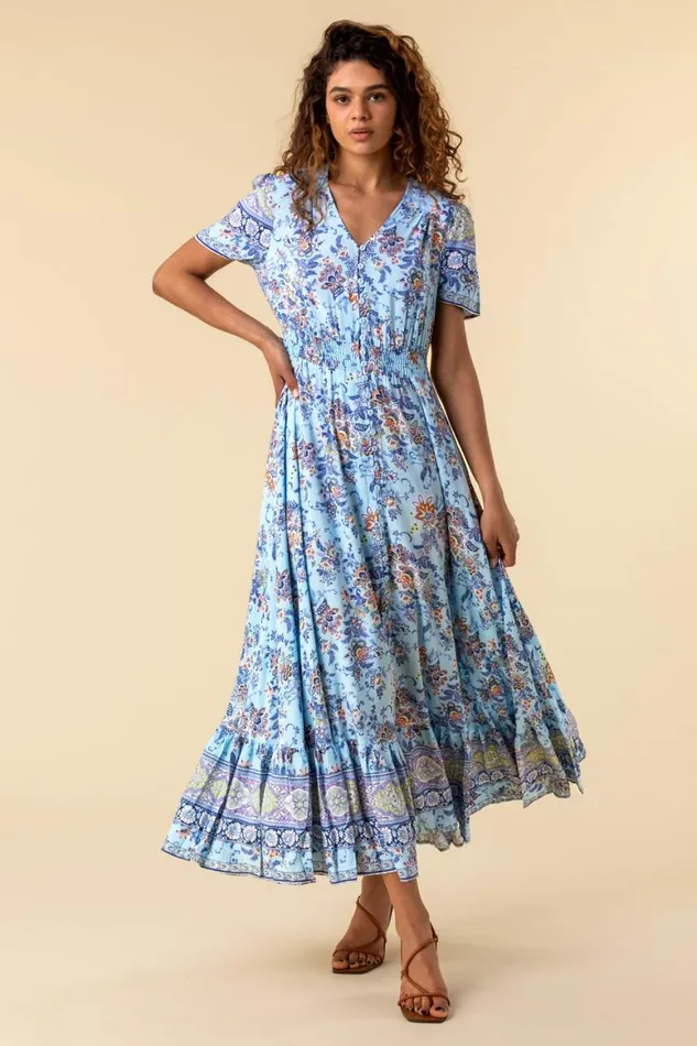 Women Blue Floral Print Shirred Waist Maxi Dress Roman Dresses