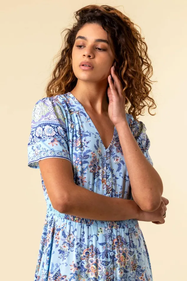 Women Blue Floral Print Shirred Waist Maxi Dress Roman Dresses