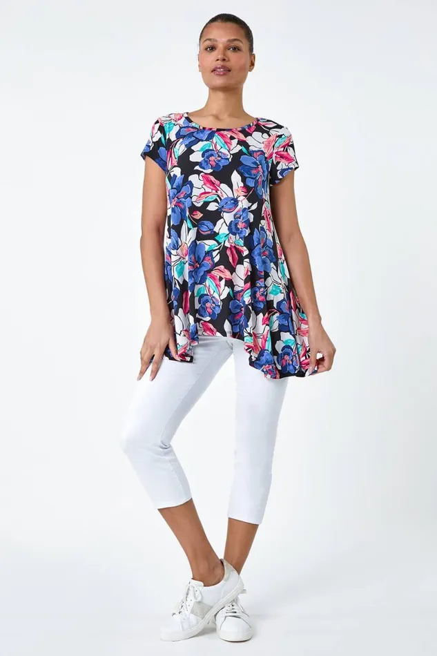 Women Blue Floral Print Stretch Hanky Hem Top Roman Tops