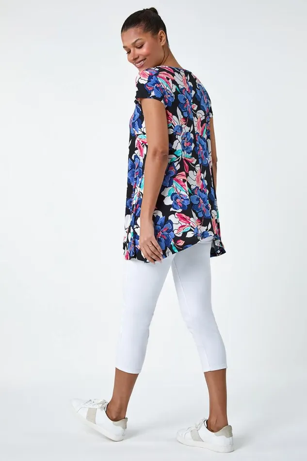 Women Blue Floral Print Stretch Hanky Hem Top Roman Tops