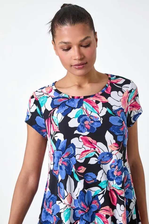 Women Blue Floral Print Stretch Hanky Hem Top Roman Tops