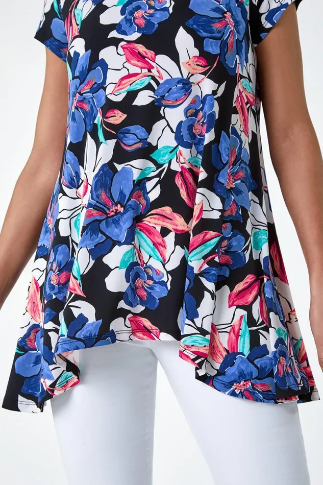 Women Blue Floral Print Stretch Hanky Hem Top Roman Tops