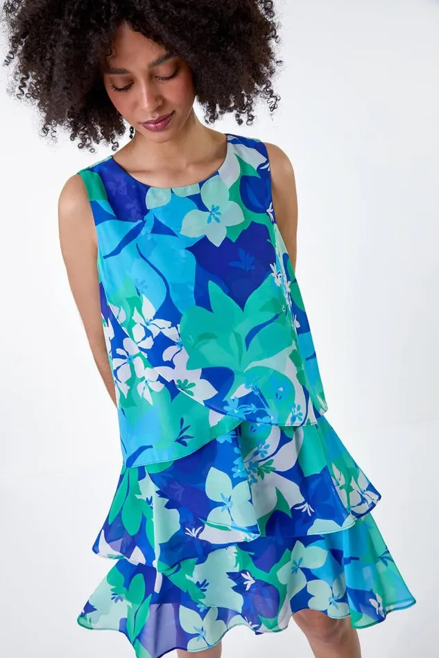 Women Blue Floral Print Tiered Layer Dress Roman Dresses