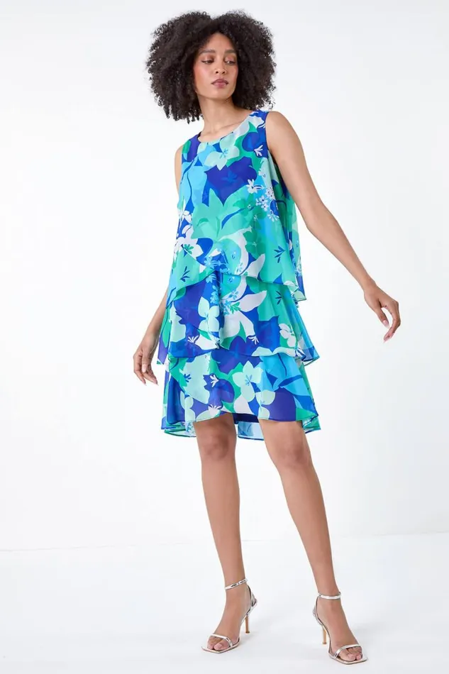 Women Blue Floral Print Tiered Layer Dress Roman Dresses