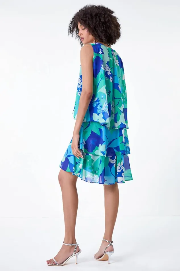 Women Blue Floral Print Tiered Layer Dress Roman Dresses